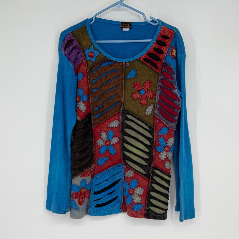 Rising‎ International Patchwork Floral Long Sleeve Top Blue Large Festival Boho